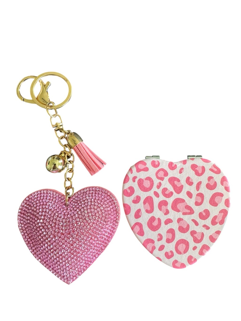 Pink Heart Keychain & Compact Mirror Set